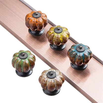 5 Pack Vintage Ceramic Pumpkin Cabinet Knobs, Kitchen Cabinet Drawers Dresser Cupboard Pull Handles Door Pulls with 5 Kinds of Screws (Leopard Print -Orange)