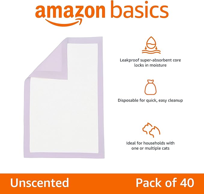 Amazon Basics Cat Litters Pee Pads, 40 Count, Universal Fit for Litter Box, Odor Control, Unscented, Purple-Mewly Pet