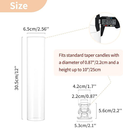 NUPTIO Taper Candle Holders Glass: Set of 2 Clear Hurricane Candlestick Holder - Fluted Candles Stick Stand with Tall Windproof Cylinder Cover for Thanksgiving Christmas Decor