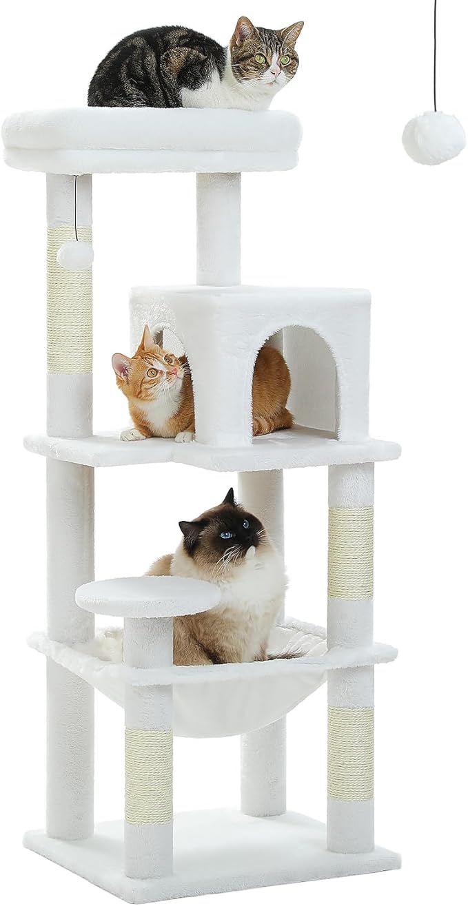 White Cat Tree for Indoor Cats, 45.7" Multi-Level Cat Tower with Large Metal Frame Hammock, Cat Condo with 4 Scratching Posts and Top Perch, White-Mewly Pet