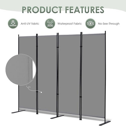 RANTILA 4 Panel Room Divider, 6 FT Folding Privacy Screen with Wide Feet, Freestanding Partition for Room Separation, Portable Room Divider Panel, 89" W x 71" H, Grey