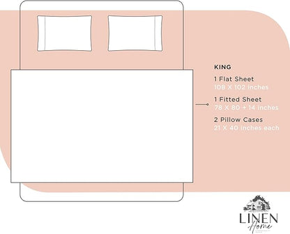 Linen Home 100% Cotton Percale Sheets King Size, Brushed Rose, Deep Pocket, 4 Pieces Set - 1 Flat, 1 Deep Pocket Fitted Sheet and 2 Pillowcases, Crisp Cool and Strong Bed Linen