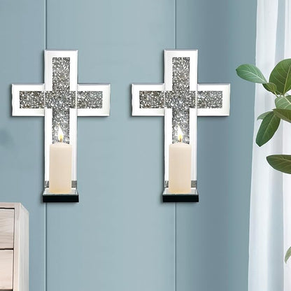 Crystal Crush Diamond Mirrored Candle Sconces, Silver Wall Candle Holder Set of 2, Wall Decoration for Living Room，Dining Room (Silver Cross)