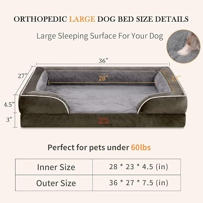 Comfort Expression Orthopedic Memory Foam Dog Beds, Waterproof Dog Beds Large Sized, Washable Dogs Beds with Removable Cover, Pet Sofa Couch with Bolster(Large,Olive Green)-Mewly Pet