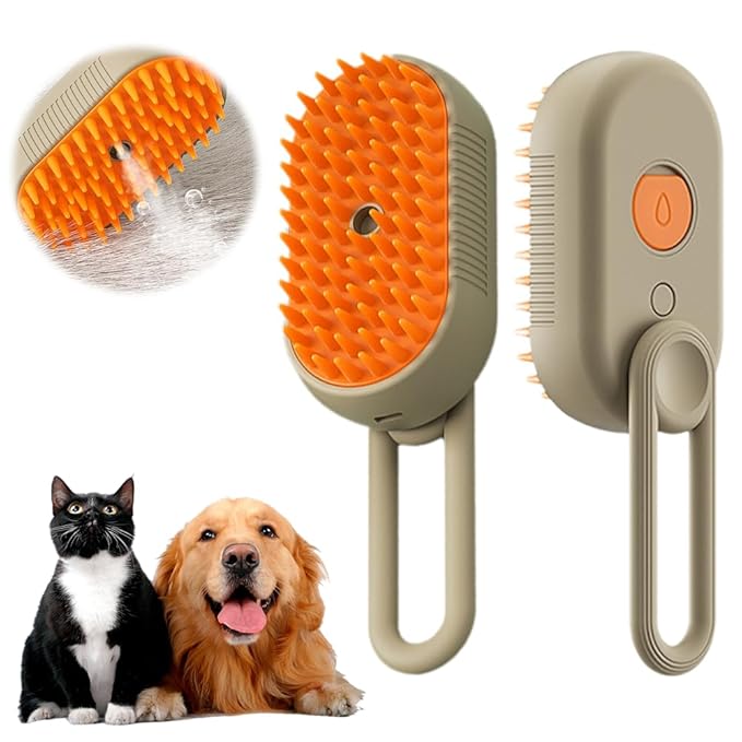 Cat Steam Brush, New 3 in 1 Pet Steam Groomer Brush, Rechargeable Pets Steam Groomer Comb for Massaging and Cleaning Shedding Pet Hair, Multifunctional Hair Removal Comb Cats and Dogs (Khaki)-Mewly Pet