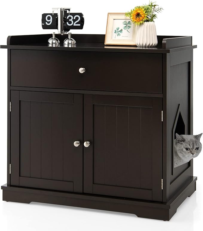PETSITE Cat Litter Box Enclosure, Large Cat Washroom End Table with Drawer & 2 Doors, Wooden Cat House Storage Cabinet, Hidden Litter Box Furniture, Brown-Mewly Pet