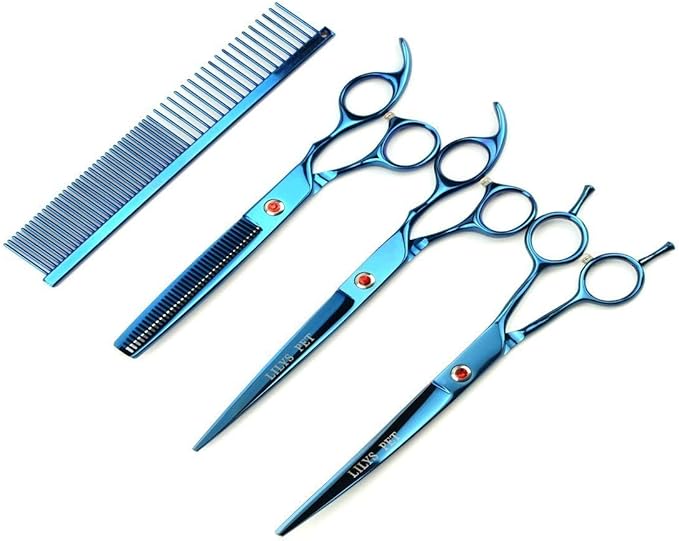 LILYS PET Professional PET Grooming Scissors Kit,Coated Titanium,Sharp and Strong Stainless Steel Blade for Dogs Cats Hair Cutting,3 Pieces of Scissors with a Comb and a Case (8.0 inches, Blue)-Mewly Pet