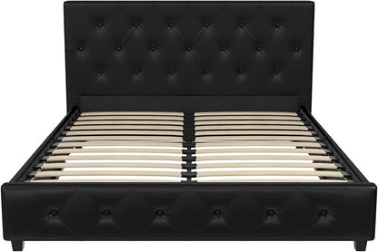 DHP Dakota Upholstered Platform Bed with Diamond Button Tufted Headboard and Footboard, No Box Spring Needed, Full, Black Faux Leather