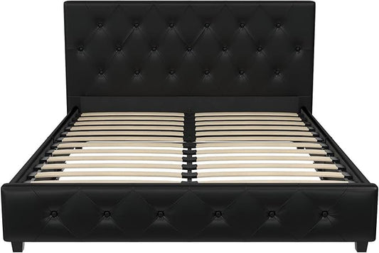 DHP Dakota Upholstered Platform Bed with Diamond Button Tufted Headboard and Footboard, No Box Spring Needed, Full, Black Faux Leather