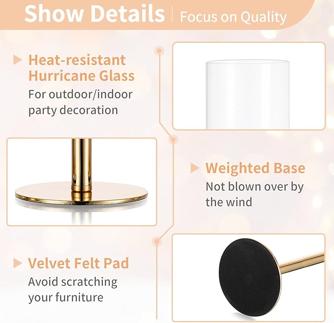 NUPTIO Candle Holders for Table Centerpiece: 18 Pcs 23.6 & 21.7 & 19.7 in Tall Gold Hurricane Candlesticks Holder with Glass Cylinder Cover Bulk Taper Candles Sticks Stand for Thanksgiving Party Decor