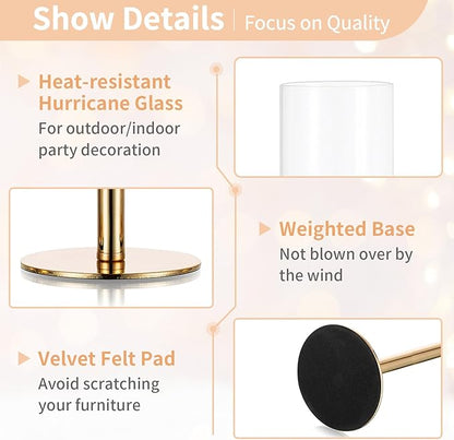 NUPTIO Gold Taper Candle Holders: Set of 3 Tall Hurricane Candlestick Holder with Open Ended Clear Glass Covers Long Stem Metal Candle Stick Stand for Fall Thanksgiving Christmas Table Decor