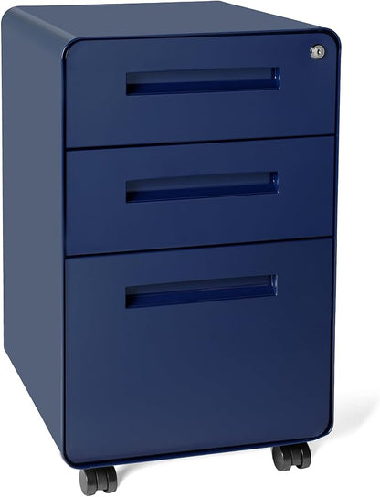 Laura Davidson Furniture Stockpile 3 Drawer File Cabinet with Lock - Under Office Desk Metal Filing Cabinet, Legal/Letter File Folders, Wheels and Stationary Feet, Pre-Assembled, Navy Blue