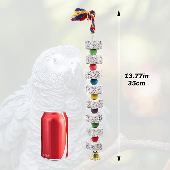 2 Pack Mineral Block Chew Toys with Colorful Beads and a Bell, Bird Beak Grinding Stone, Cage Accessories for African Grey, Budgies, Cockatiels, Small to Medium Birds-Mewly Pet