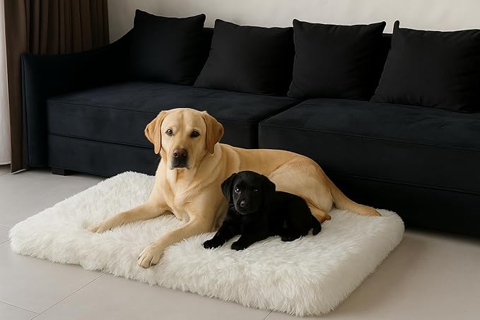 IHAPPYDOG Luxury Faux Fur Orthopedic Dog Beds, Memory Foam Crate Bed for Small, Medium, Large and XL Pets, Fluffy Pet Bed with Waterproof and Washable Cover, Fits Crates (White, 41"x27")-Mewly Pet