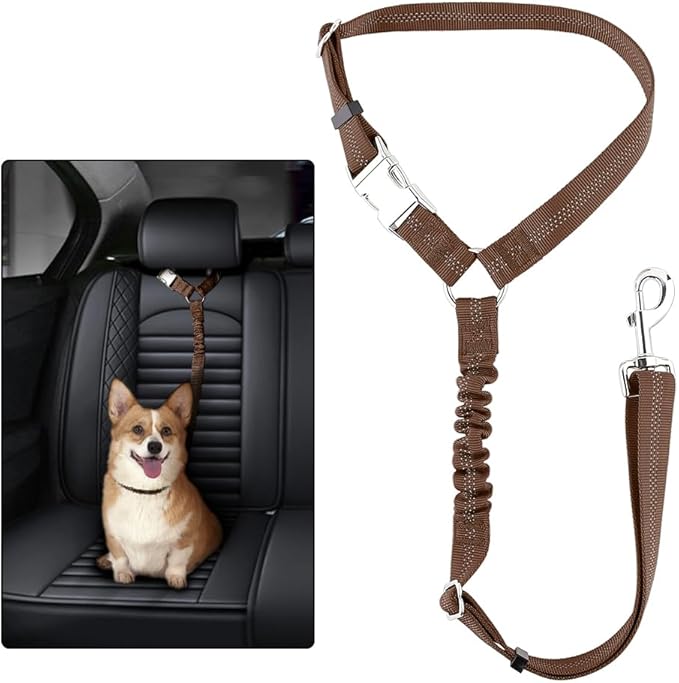 Plutus Pet Dog Seat Belt for Car Headrest, Reflective and Adjustable Restraint with Elastic Bungee for Safety, Vehicle Seatbelt Harness for Small Medium Large Dogs and Cats, Chocolate-Mewly Pet