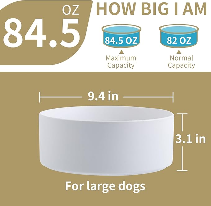 White Dog Bowl Ceramic for Medium Large Breed,Dog Food Water Dish Heavy Weighted, Non Slip Porcelain Extra Large Big 9.4 in Pet Bowl-Mewly Pet