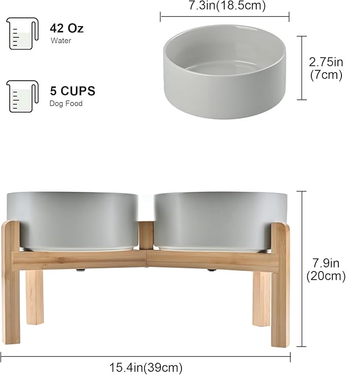 SPUNKYJUNKY Elevated Dog Bowls Ceramic, 7.3'' Dogs Food Water Bowls Raised with Non-Slip Bamboo Stand for Medium to Large Sized Breed Microwave Dishwasher Safe - 42 OZ,Grey-Mewly Pet
