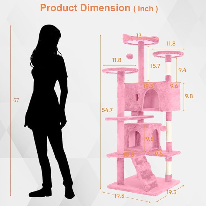 54.7 inches Cat Tower for Indoor Cats, Multi-Level Cat Condos with Scratching Posts, Hanging Toys, Pink-Mewly Pet