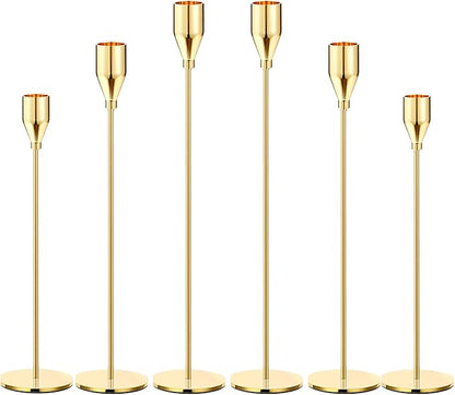 Gold Taper Candle Holders, Set of 6 Gold Candlestick Holders Taper Candle Holders fits 3/4" Thick Pillar Candle Led Modern Metal Candles, Elegant Stands Decorative Table Candle Holder