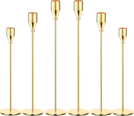 Gold Taper Candle Holders, Set of 6 Gold Candlestick Holders Taper Candle Holders fits 3/4" Thick Pillar Candle Led Modern Metal Candles, Elegant Stands Decorative Table Candle Holder