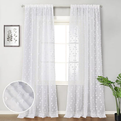 MYSKY HOME Pom Pom White Sheer Curtains for Bedroom Girls Room Curtains 120 Inches Long for Nursery Kids Light Filtering Boho Window Drapes, Rod Pocket, 38" Wide, 2 Panels