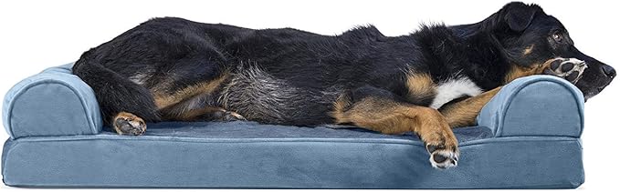 Furhaven Cooling Gel Dog Bed for Large/Medium Dogs w/ Removable Bolsters & Washable Cover, For Dogs Up to 55 lbs - Faux Fur & Velvet Sofa - Harbor Blue, Large-Mewly Pet