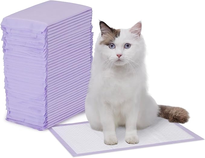 Amazon Basics Cat Litters Pee Pads, 40 Count, Universal Fit for Litter Box, Odor Control with Fresh Scent, Purple and White-Mewly Pet