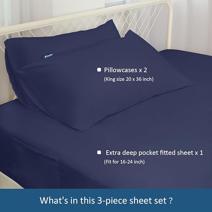 King Size Sheets Set for Air Mattress - Deep Pocket King Sheet Set - 3Pcs Side Storage Pocket Fitted Sheet & Pillowcases Easily Fits 16in to 24in Pillow Top Air Bed Mattress - Navy Blue