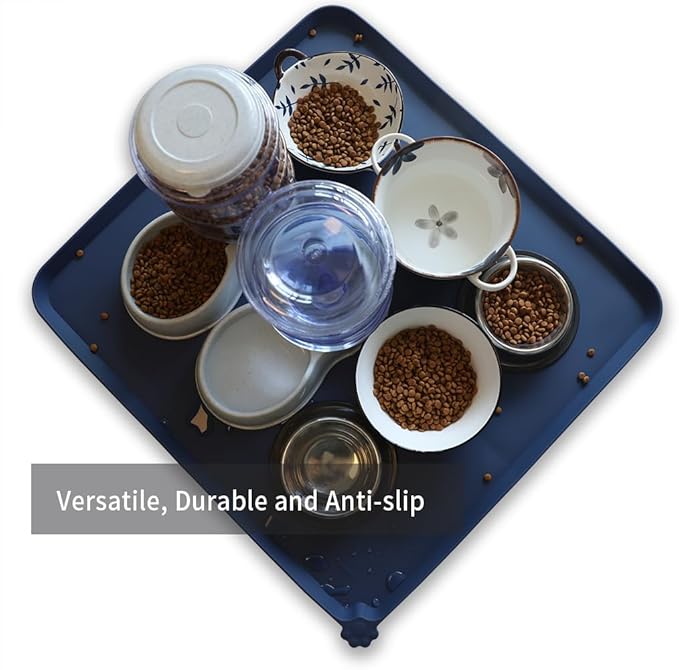 Hoki Found XX-Large Silicone Pet Food Mats - Non-Slip Dog & Cat Bowl Placemats - Waterproof Feeding Mats - Ink Indigo-Mewly Pet