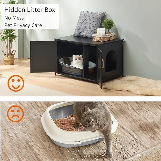 unipaws Black Top Opening Cat Litter Box Enclosure, Flip Top XL Extra Large Cat Box Furniture, Friendly to Elderly People, High Jumbo Automatic Litter Box Cover Hidden for Large Cat-Mewly Pet