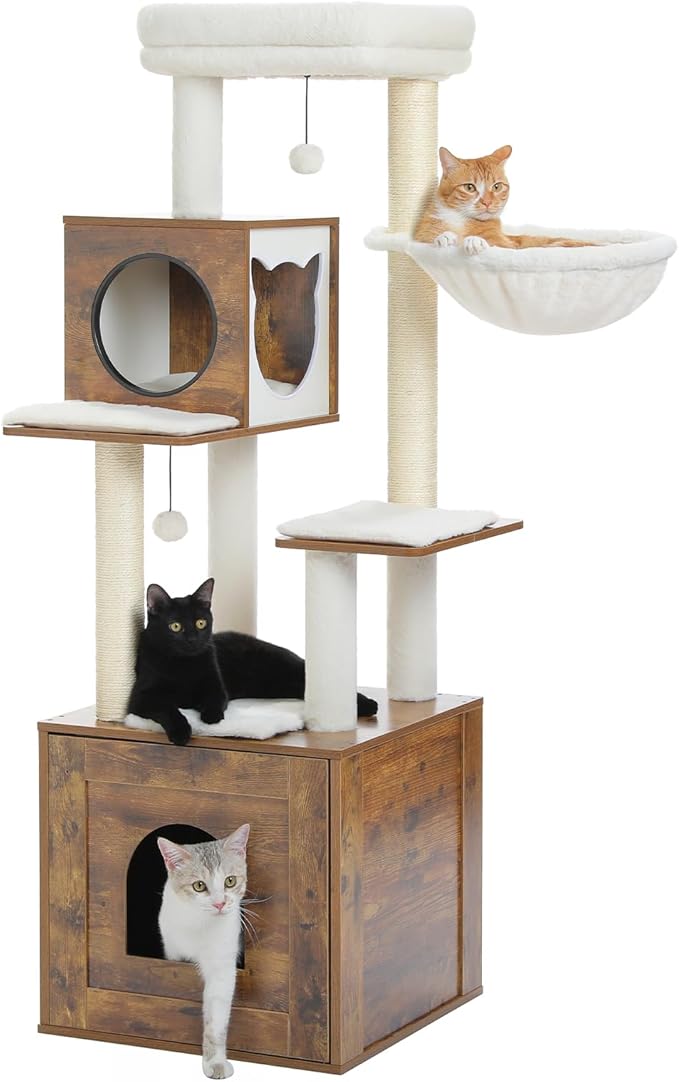 PEQULTI 57.5" Cat Tree with Litter Box Enclosure Large, Wood Cat Tower for Indoor Cats with Storage Cabinet and Cozy Cat Condo, Sisal Covered Scratching Post and Repalcable Dangling Balls, Brown-Mewly Pet