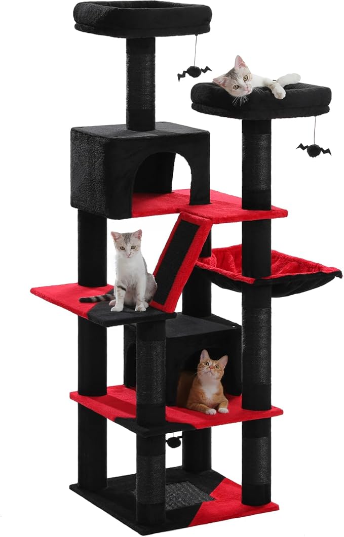 PAWZ Road 70 Inch Cat Tower, Gothic Cat Tree with 2 Cozy Condos, 2 Plush Perch, Large Basket, 2 Scraching Pad & 6 Scraching Posts for Indoor Cats Large Adult-Mewly Pet