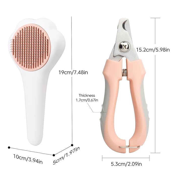 Self-Cleaning Cat Brush with Cat Nail Clipper 2-Pieces Set, Daily Cleaning Grooming Kit for Small and Medium-sized Dogs and Cats, Designed to Remove Shedding Fur and Trim Sharp Claws of Your Pets-Mewly Pet