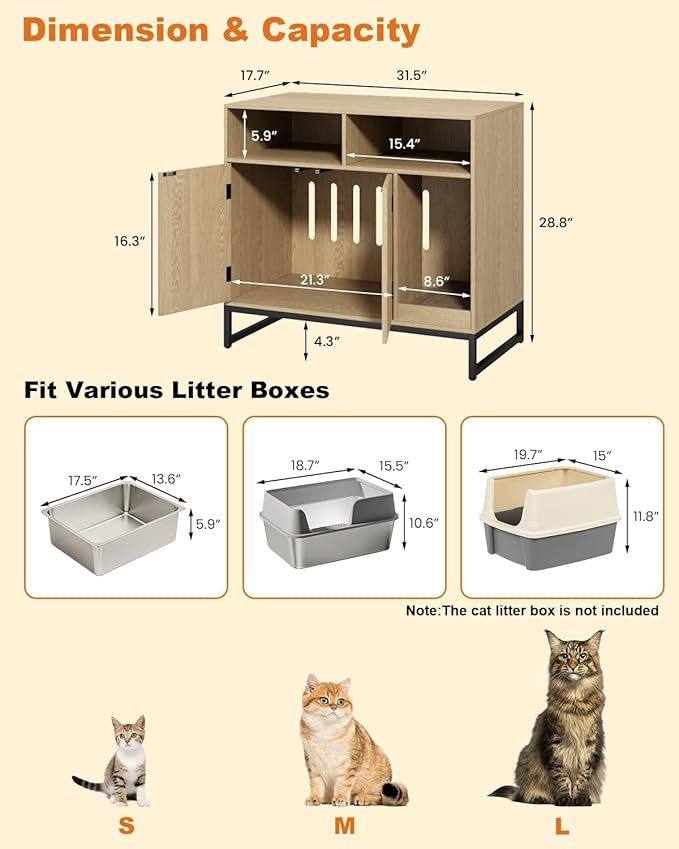 Cat Litter Box Enclosure, Large Hidden Pet Storage Cabinet Furniture with Waveform Fluted Doors & Scratching Pad, Modern Wooden Cat House Indoor for Washroom, Living Room, Bedroom, Natural-Mewly Pet