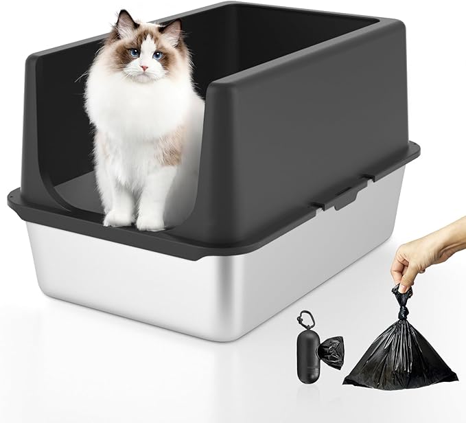 Stainless Steel Litter Box, Large Litter Box with Lid, Splash Proof, or Rusts, Black (23.5" L x 15.5" W x 14" H)-Mewly Pet