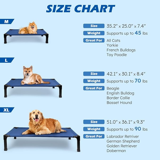 Heeyoo Elevated Dog Bed, Cooling Raised Pet Cot with Chew Proof Washable Breathable Mesh and Metal Frame, Portable Dog Cot Bed with No-Slip Feet for Outdoor or Indoor Use-Mewly Pet