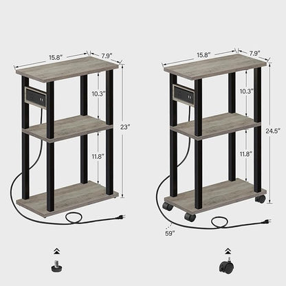TUTOTAK Small Narrow Side Table with Charging Station, Skinny End Table for Small Spaces, Slim Nightstand with USB Ports and Outlet, Sofa Beside Table with Wheels, Greige TB01BG046
