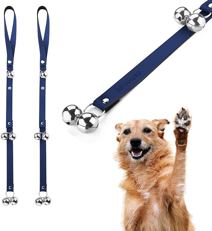 Leather Dog Doorbells for Door Knob/Potty Training/Go Outside, Length Adjustment Copper Dog Bell, Housetraining Hanging Bell, Blue Leather Silver Bells - 2 Pack-Mewly Pet