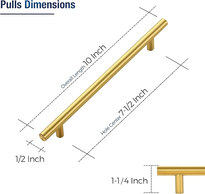 JOY DECOR 45 Pack Cabinet Handles, Gold Cabinet Pulls, 7-1/2 in Hole Center Kitchen Cabinet Handles, Stainless Steel T Bar Handles for Dresser Drawers