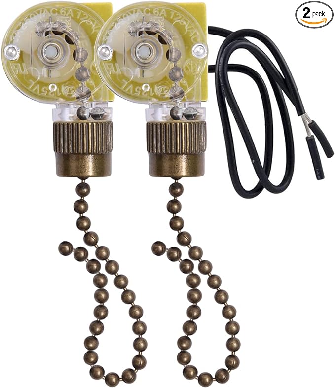 Ceiling Fan Light Switch Zing Ear ZE-109 Two-Wire With Pull Cords for Fans, Lamps and Wall Lights - Pull Chain Control Replacement On-Off, 2 Pcs Bronze