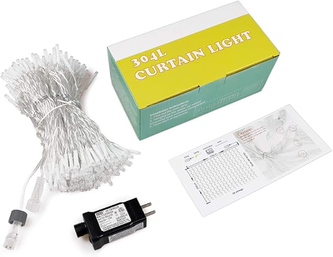 HEYFUNi Curtain Lights,304L 9.8ftX9.8ft 30V 8Modes Safety Window Lights with Memory for Home Wedding Christmas Party Patio Lawn Garden Bedroom Outdoor Indoor Wall Decorations (304LED, Blue) 1