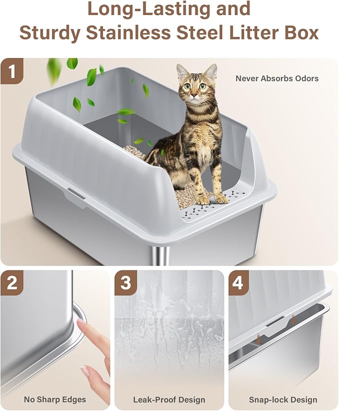 Cat Litter Box Stainless Steel XL with Lid, Enclosed Metal Extra Large Litter Box Pan High Sided with Scoop for Big Cats, Non-Sticky, Anti-Urine Leakage, Easy Cleaning-Mewly Pet