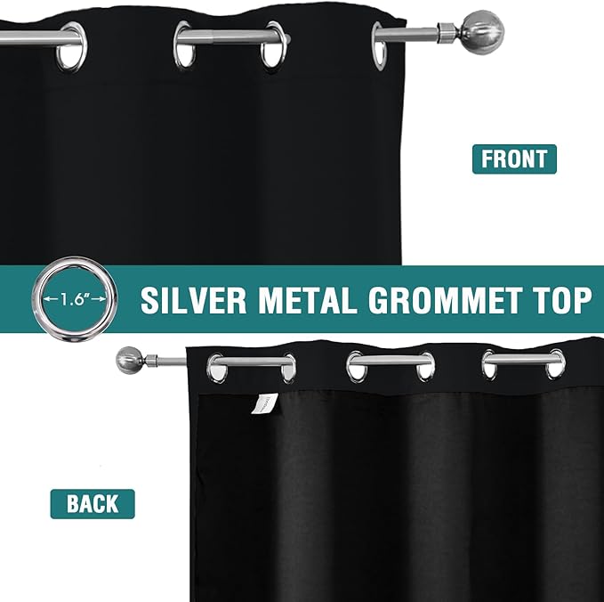 ChrisDowa 100% Blackout Curtains 63 inch Long for Bedroom with Black Liner, 2 Thick Layers Total Blackout Thermal Insulated Grommet Window Curtains 2 Panels Set (Black, 38 x 63 Inch)