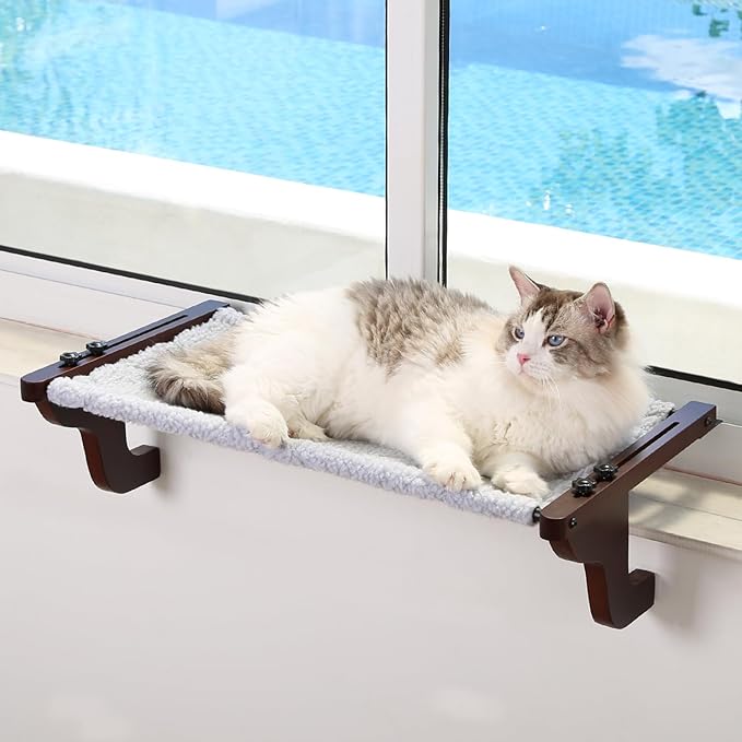 Easy Seat Cat Perch for Window Sill - Hammock Design w/Premium Wood & Robust Metal Frame - Cat Window Seat for Large Cats and Kittens (Dark Stained Wood w/Gray Bed, Large (26''W x 14''D))-Mewly Pet