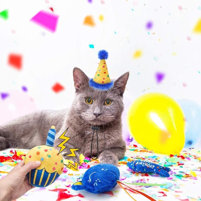 BINGPET Cat Birthday Catnip Toys for Indoor Cats,Cat Birthday Hat,Bandana and Cat Birthday Cake Interactive Plush Kitten Chew Toys,Cute Fish,Balloon Toys with Crinkle Paper and Catnip Inside(Blue)-Mewly Pet