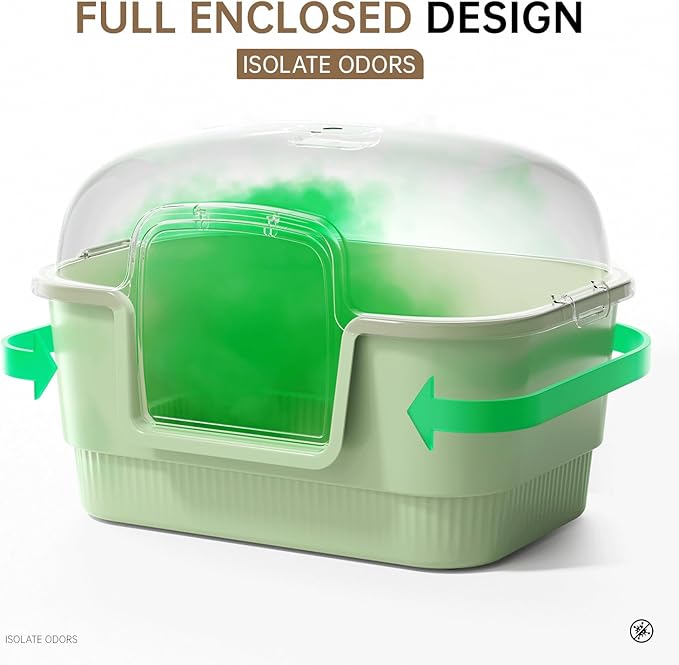 Cat Litter Box with Litter Mat and Scoop,High Wall Enclosed Cat Litter Boxes for Anti-Leakage, Covered Kitty Litter Box with Handle and Buckles for Portability and Privacy, Odor Control (Green)-Mewly Pet