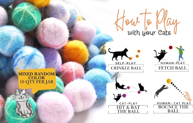 Felt Wool Cat Toys Ball with Catnip and Bell, Natural Handmade cat Toys Ferret Toys cat Gift Basket (Felt Wool Mixed in Jar)-Mewly Pet