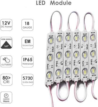 LED Module, Decorative Light White 10pcs 5 Ft 5730 SMD 150LM Per Module IP65 Waterproof for Letter Sign Advertising Signs With Tape Adhesive Backside (White Light)
