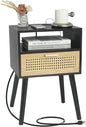 MaxSmeo Mid Century Modern Nightstand with Charging Station, Bedside Tables with Rattan Drawer, Small Wood Nightstand Side Table for Living Room,Bedroom (Black)