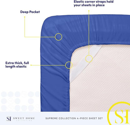 Split King Sheets - Breathable Luxury Sheets with Full Elastic & Secure Corner Straps Built In - 1800 Supreme Collection Extra Soft Deep Pocket Bedding Set, Sheet Set, Split King Size, Royal Blue